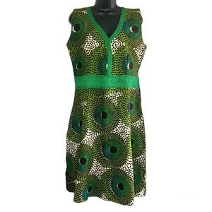 Africa Print Mandala Green/Creamy Sleeveless Flare Dress